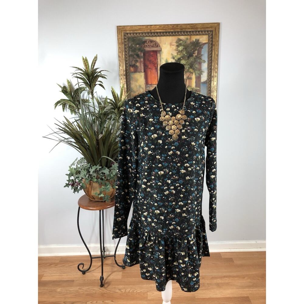 Philosophy Women’s Dress Size XS Black Floral Long Sleeve Ruffle Hem Dress Boho